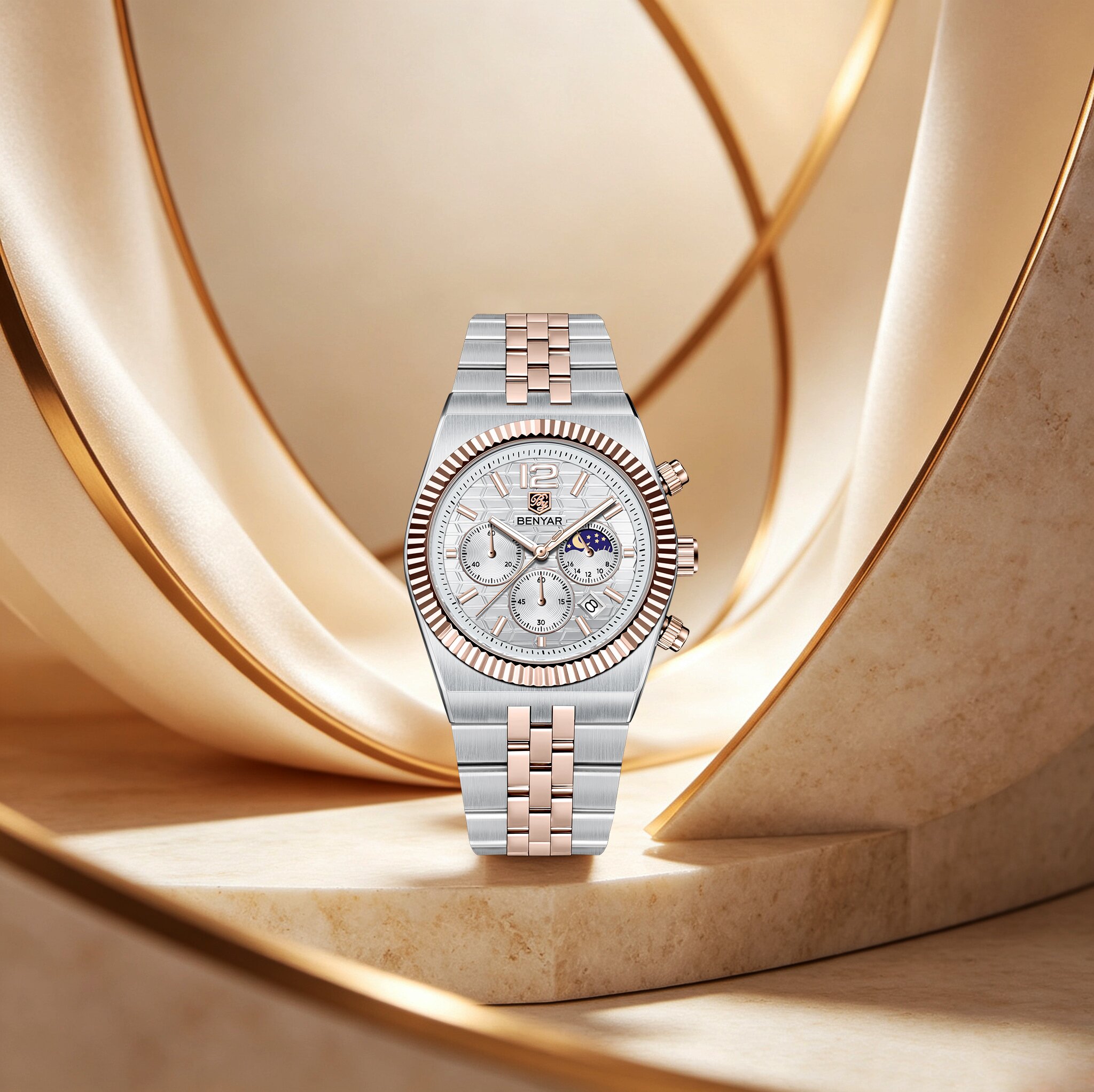 Luxury Watch Exchange - นาฬิกาควอตซ์ผู้ชาย BENYAR หรูหราสองสี พร้อมหน้าปัดแสดงข้างขึ้นข้างแรม หน้าต่างแสดงวันที่ เรืองแสง