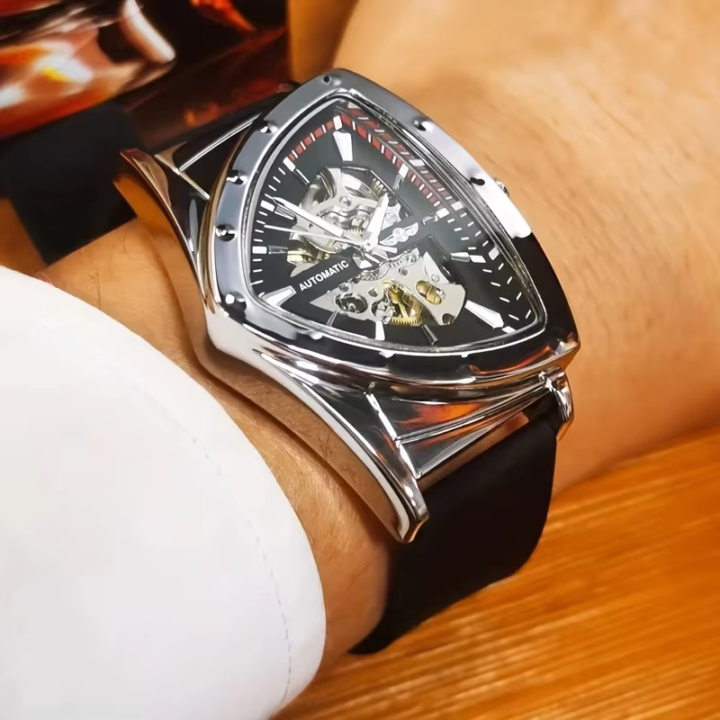 Luxury Watch With Rubber Strap - WINNER นาฬิกาข้อมือผู้ชายสุดหรูสไตล์ทหาร ระบบออโตเมติก โครงสร้างสามเหลี่ยม เข็มเรืองแสง สายยาง