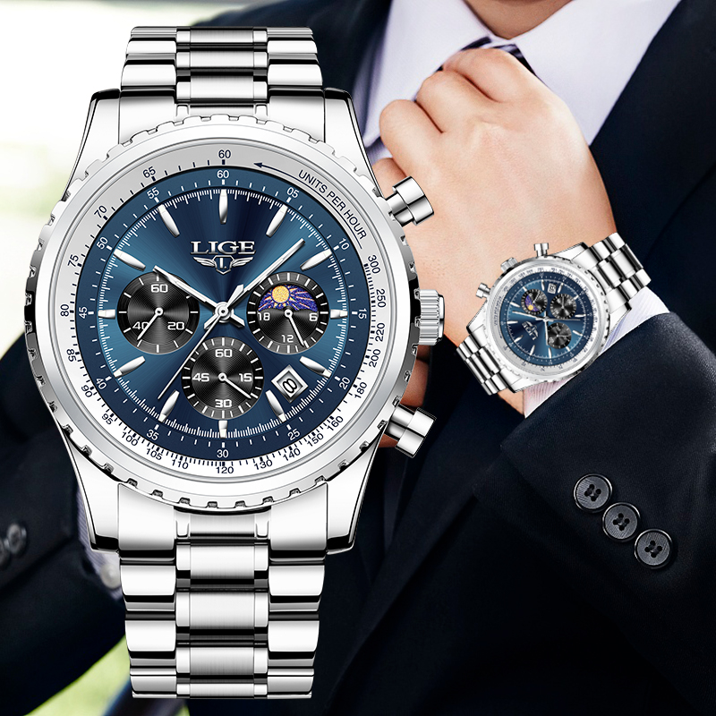 Luxury Watch Magazine - นาฬิกาควอทซ์หรูหราแบรนด์ Lige สำหรับผู้ชายเฟสดวงจันทร์นาฬิกาข้อมือสแตนเลสสำหรับผู้ชายลำลองวันที่กันน้ำสำหรับกีฬาพิเศษ