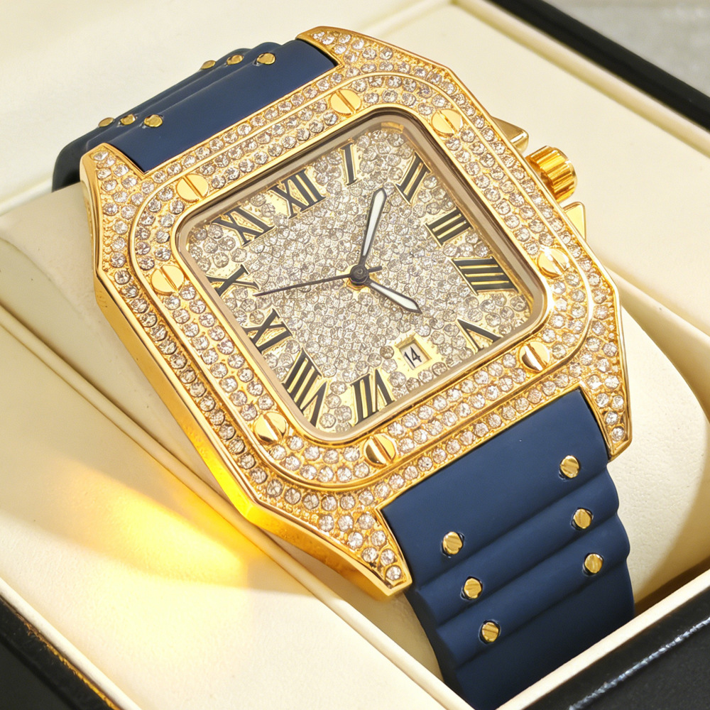 Luxury Watch With Rubber Strap - นาฬิกาควอตซ์แฟชั่นสุดฮิต ประดับเพชรเต็มหน้าปัด สายยาง สำหรับผู้ชาย สไตล์ฮิปฮอป หรูหรา