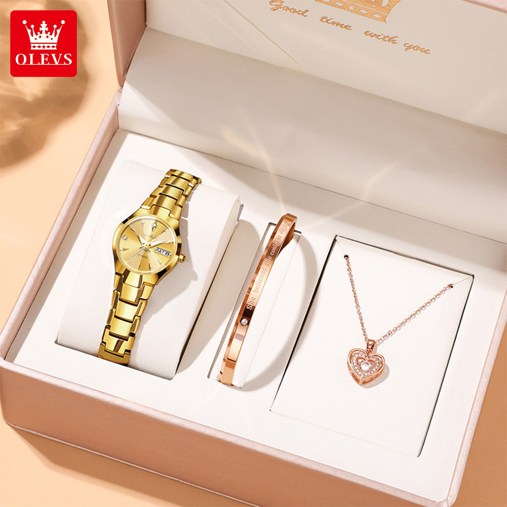Luxury Watch And Bracelet - OLEVS สุภาพสตรีนาฬิกา 8697 หรูหราควอตซ์นาฬิกากันน้ําทังสเตนเหล็กวันที่นาฬิกาสําหรับนาฬิกาผู้หญิงชุดสร้อยข้อมือ