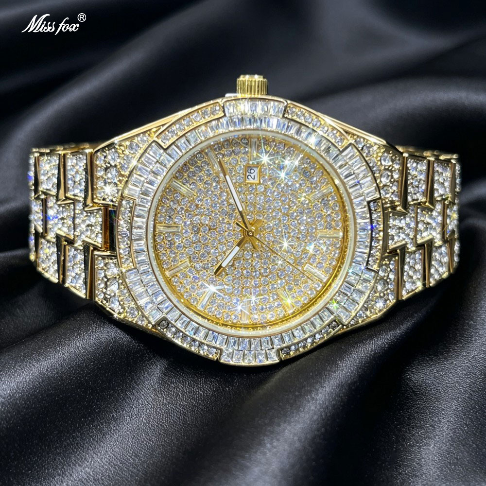 Luxury Watch And Jewelry Brand - นาฬิกาข้อมือผู้ชายสีทองสุดฮิต แบรนด์แฟชั่น MISSFOX สไตล์ฮิปฮอป ประดับเพชรเต็มตัว หรูหรา