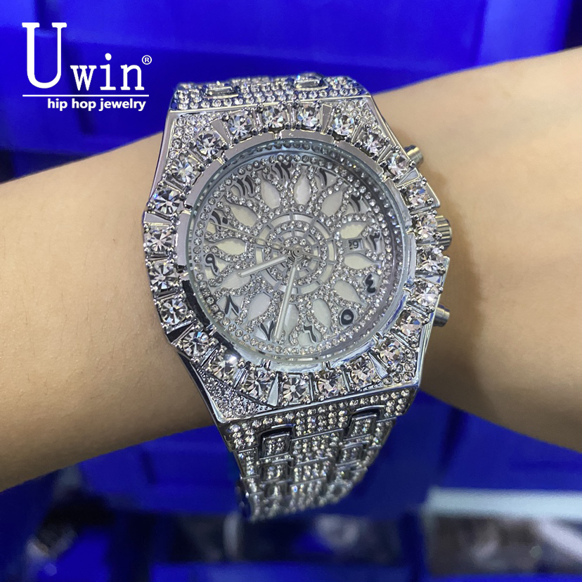 Luxury Watch With Arabic Numerals - นาฬิกาข้อมือ Uwin Luxury หน้าปัดลายดอกทานตะวันประดับเพชรเต็มหน้าปัด สีดำชุบเงิน ประดับคริสตัลหรูหรา