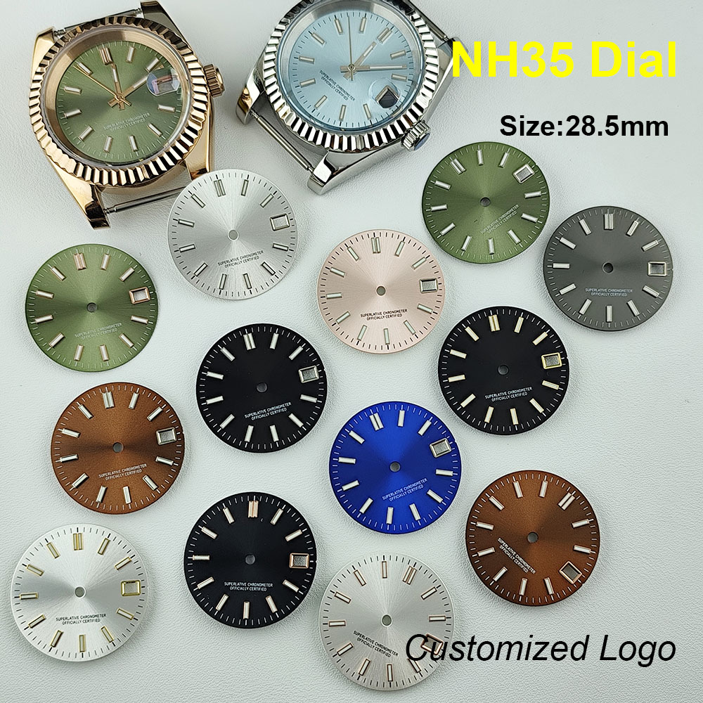 Exhibition Caseback - ใหม่ NH35 dial โลโก้ที่กําหนดเอง 28.5 มม.สีเขียวส่องสว่างนาฬิกาผู้ชายอุปกรณ์เสริมเหมาะสําหรับ