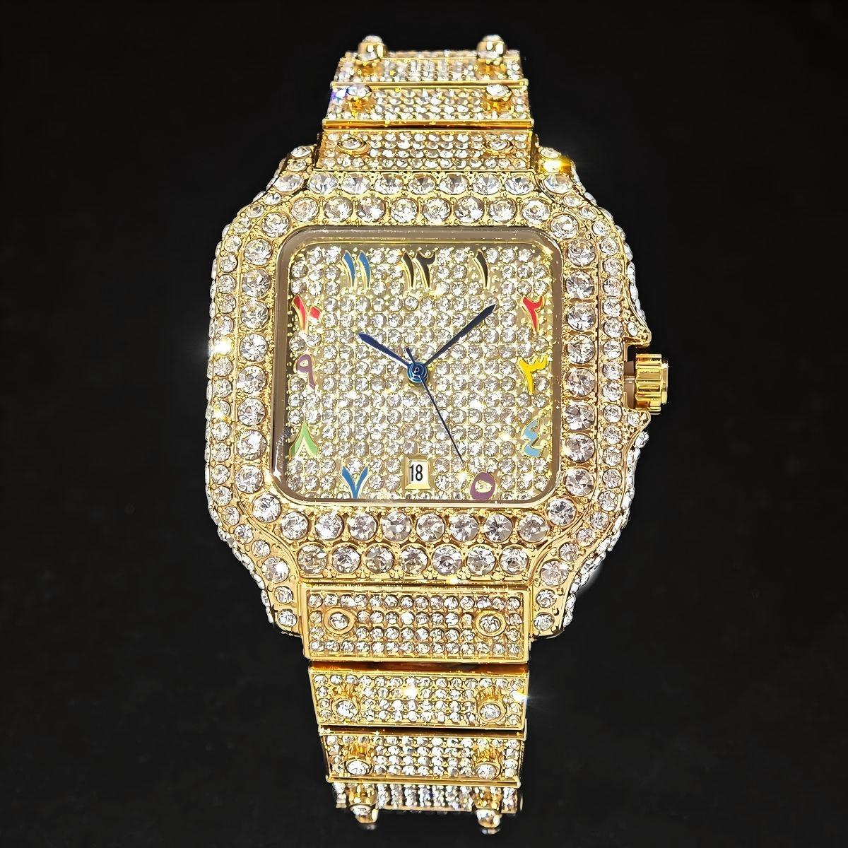 Luxury Watch And Jewelry Brand - นาฬิกาแฟชั่นสุดฮิต UNIGUET ประดับเพชรเต็มหน้าปัด สำหรับผู้ชาย ทรงเหลี่ยม ควอตซ์