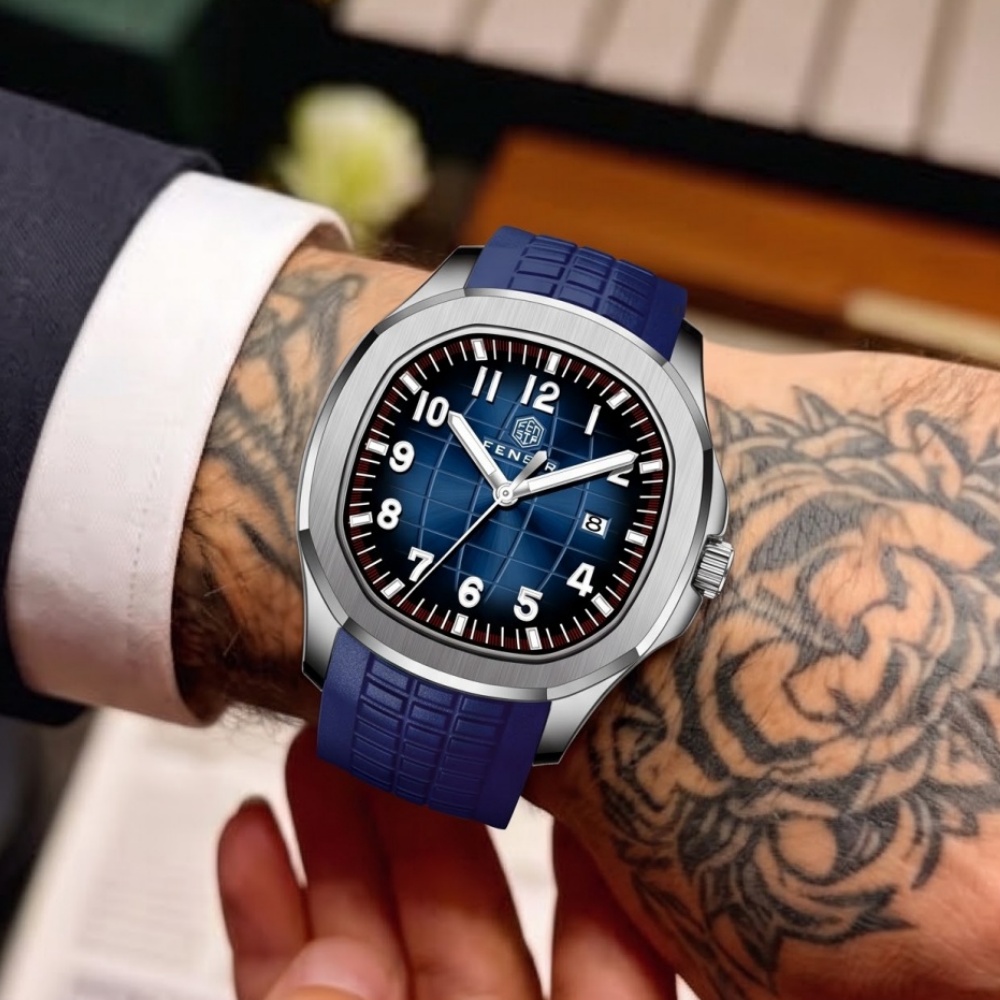 Luxury Watch With Rubber Strap - นาฬิกาควอตซ์สำหรับผู้ชาย ดีไซน์หรูหราแบบเรียบง่าย หน้าปัดลายตาราง และมีฟังก์ชันแสดงวันที่ สายนาฬิกาทำจากยางนุ่ม และมีคุณสมบัติกันน้ำ