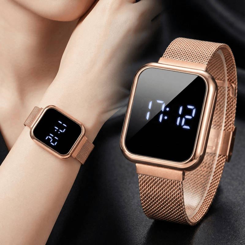 Luxury Watch Exchange - นาฬิกาข้อมือดิจิตอลทรงสี่เหลี่ยมผืนผ้าแฟชั่นสำหรับผู้หญิงผู้ชาย นาฬิกา LED เรียบง่าย สายโลหะหรูหราแบบแม่เหล็ก นาฬิกาอิเล็กทรอนิกส์