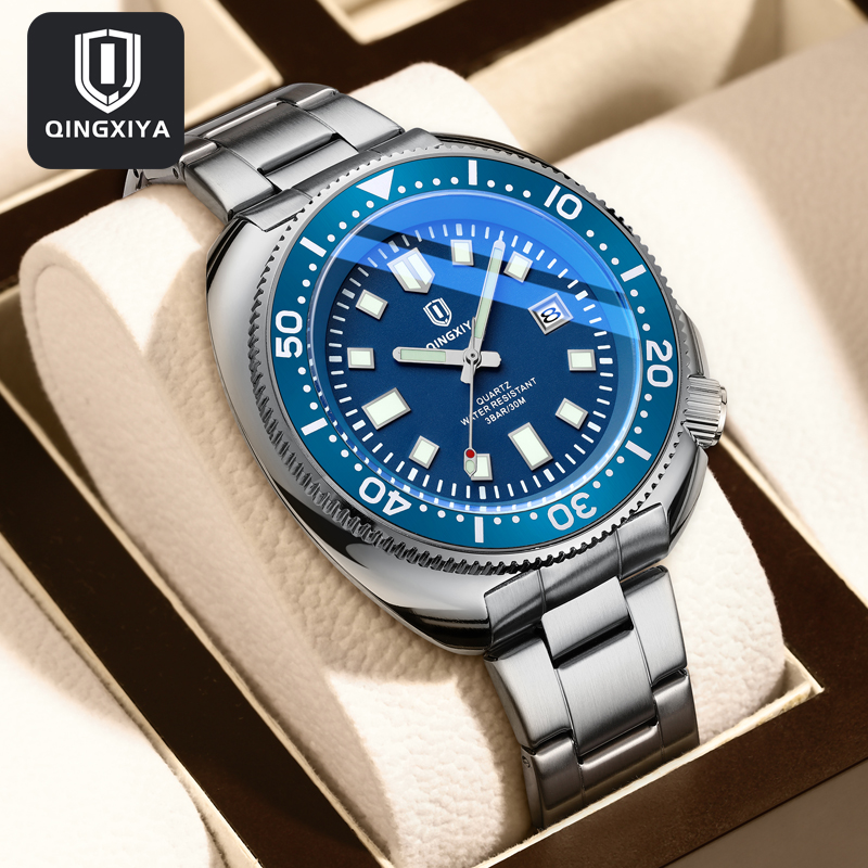 Luxury Watch Magazine - QINGXIYA แบรนด์แฟชั่นคลาสสิกสีฟ้าควอตซ์นาฬิกาผู้ชายสแตนเลสหรูหรากันน้ําปฏิทิน Mens นาฬิกา Relogio Masculino